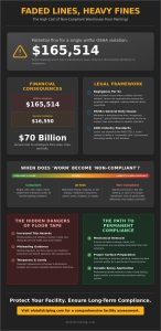 Infographic titled 'Faded Lines, Heavy Fines' showing a potential OSHA fine of $165,514 and sections on financial consequences and legal framework for non-compliant warehouse markings.